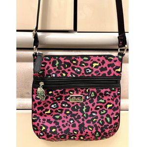 BETSY JOHNSON HOT PINK FUSCHIA LEOPARD CHEETAH ANIMAL PRINT NYLON CROSSBODY BAG